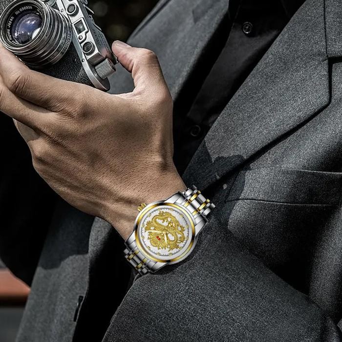 Sunlifex Jam Tangan Pria Stainless Steel Quartz Dragon Gold