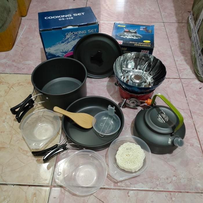 Paket Cooking Set Ds-308 Dan Kompor Gunung Windproof Nesting Outdoor