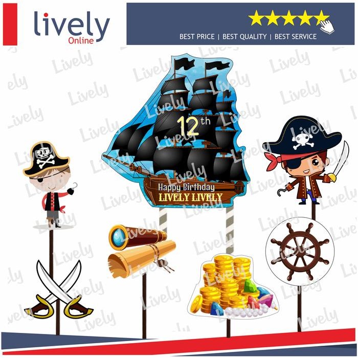 CUSTOM NAMA HIASAN KUE ULANG TAHUN KARAKTER TOPPER PIRATE BAJAK LAUT CAKE TOPPER HAPPY BIRTHDAY