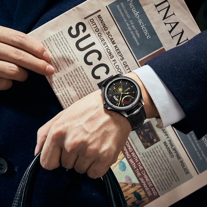 Biden Jam Tangan Pria Tali Kulit Tampilan Tanggal Chronograph Bisnis