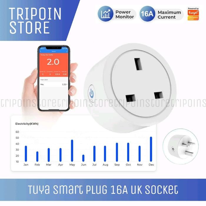 Tuya WIFI Smart Plug UK 16A Steker AC Colokan Kaki 3 Power Energy Watt Meter Monitor Daya Listrik