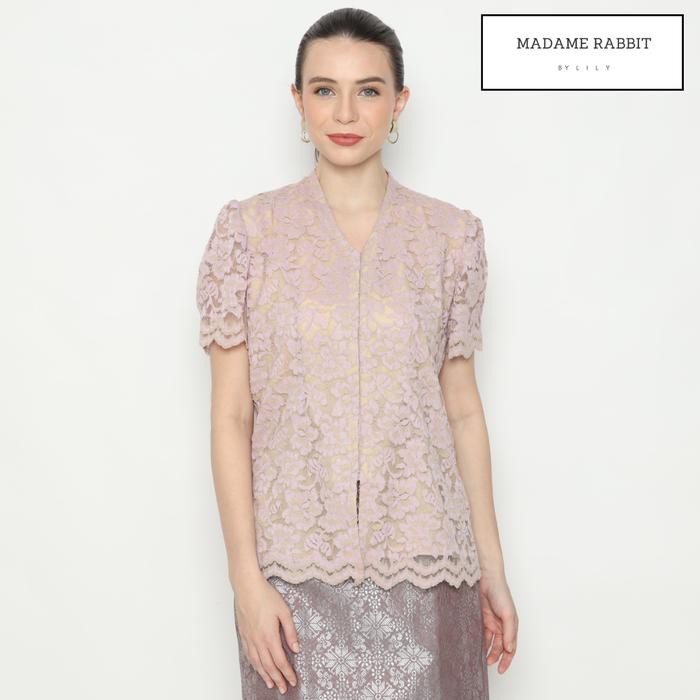 Blouse Brokat Lengan Pendek Madame Rabbit Kebaya Coklat Lavender Furing Rapi Lengan Puff Atasan Baju