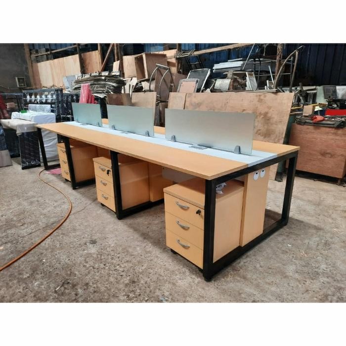 Meja Kerja/Meja Kantor 6 Orang+Laci Qbic Kaki Besi Hitam Molek_Furn