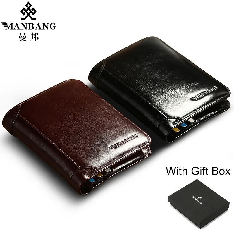 

ManBang Luxury Men Wallet Genuine Cow Leather Male RFID Trifold Short Purse For Men with ID Window