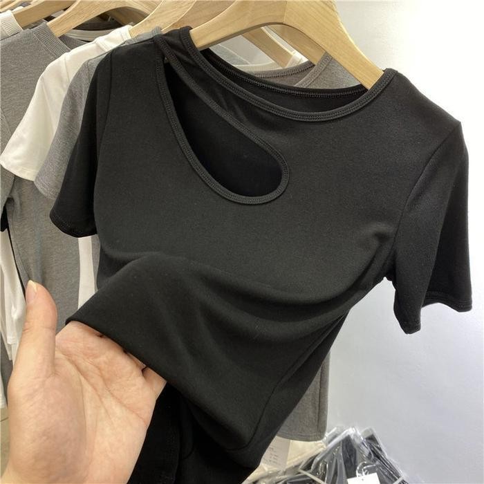 (Expert) khaefashionKaos Crop Top Halter Neck Baju Atasan Wanita T-Shirt Lengan Pendek Unfinished