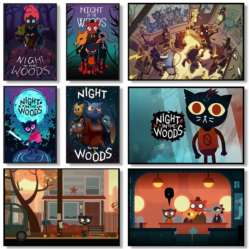 Adventure Game Night In The Woods Poster Comic Style Cartoon Cat Canvas Picture Wall Art E-Sports