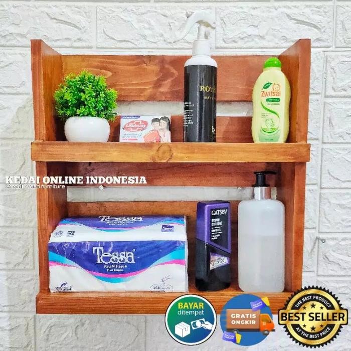 Rak Make Up Gantung Susun Tempat Sabun Kayu Kamar Mandi Tempel Dinding
