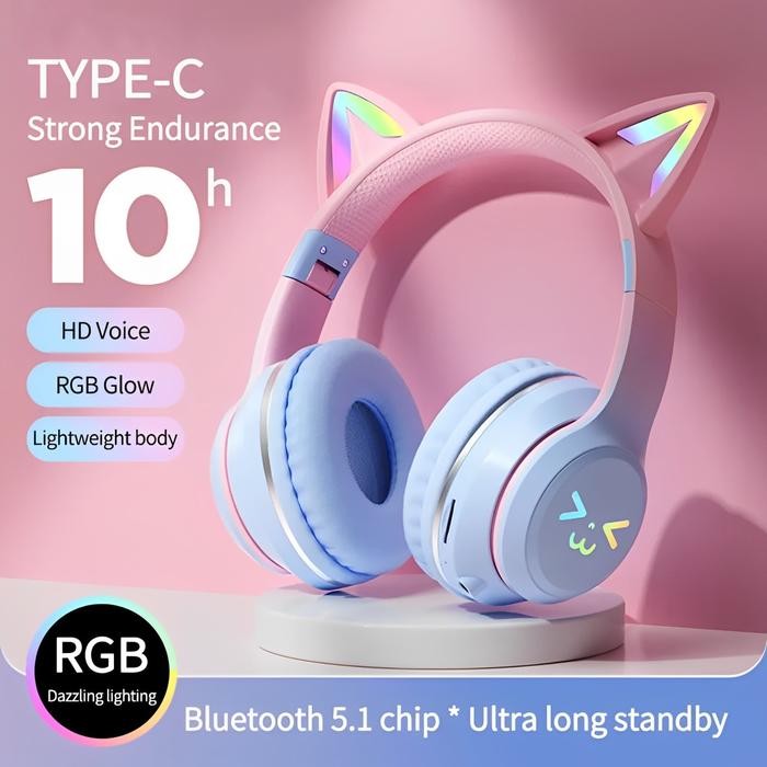 Headphone Rgb Headset Hadiah Anak Perempuan Kucing Lucu Dengan Mikrofon Headset Gaming Musik Stereo
