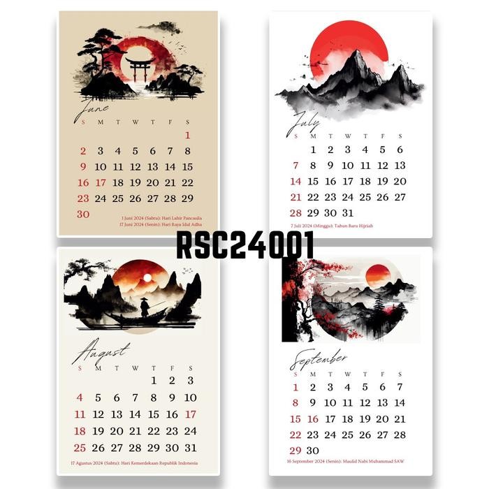 

kalender dinding 2024 aesthetic red & sun mountains japanese style