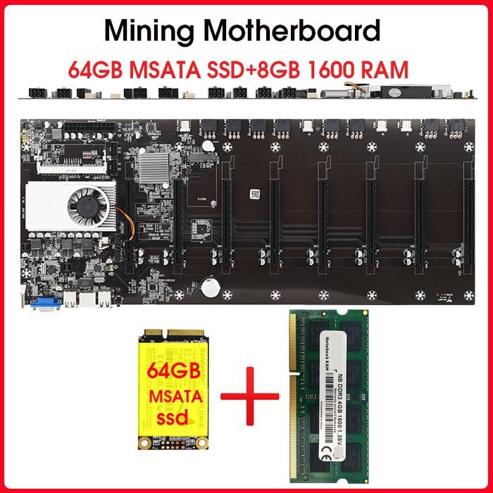 BTC T37 Mining motherboard 8 GPU Bitcoin Crypto Etherum Mining Set with 8GB DDR3 1600MHz RAM and 64G