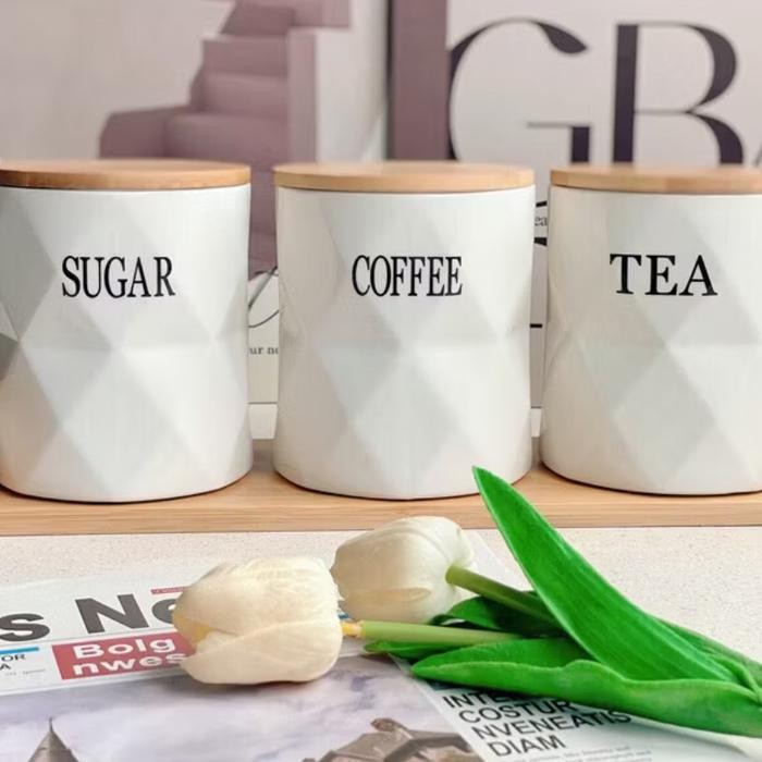 Toples kopi teh gula / Tempat penyimpanan kopi teh keramik 1 set 3 pcs dengan tatakan aesthetic Kode