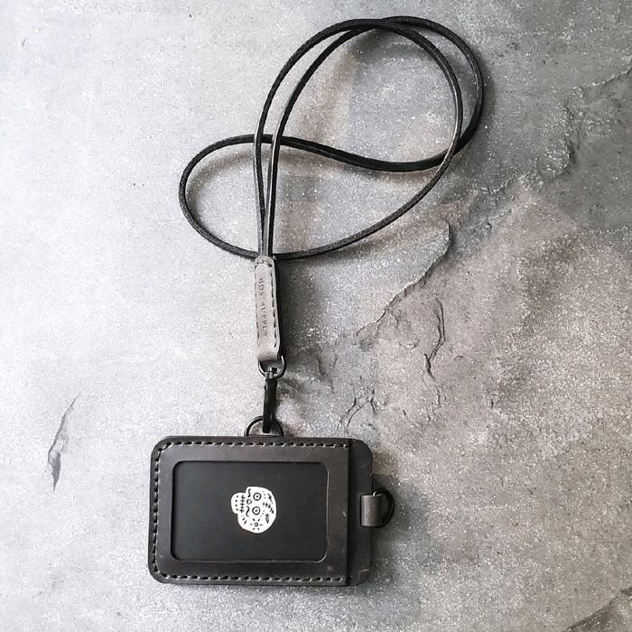 

Bds Coastal Vintage Black - Leather Lanyard Id Card Holder, Two View