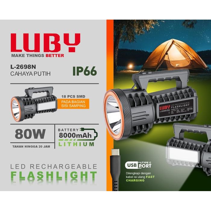 Luby Senter Tangan JUMBO L-2698N 80Watt + 18 LED SMD CAHAYA PUTIH Rechargeable Tahan Hingga 20Jam