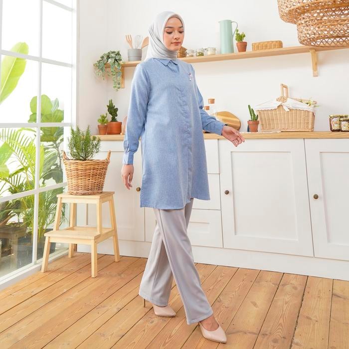 Wulfi Atasan Kemeja Tunik Day To Day Katun Cotton Madinah Misty Blue Kantor Muslim Nyaman Panjang