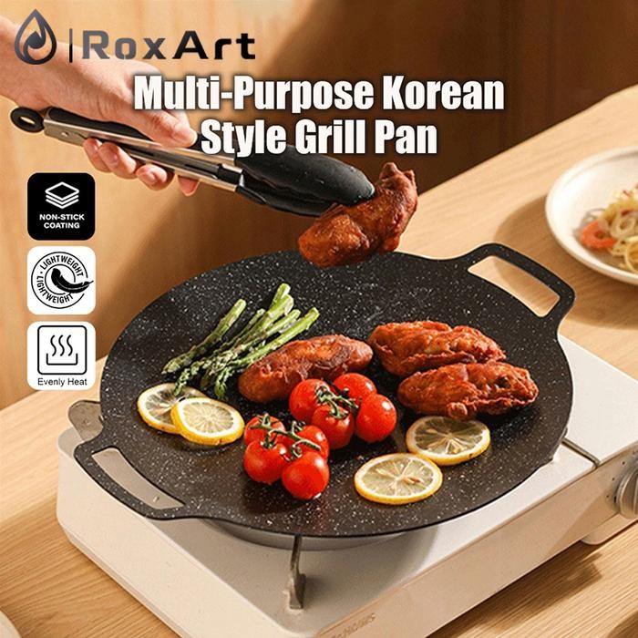 RoxArt Wajan Panggangan /BBQ Alat Pemanggang Grill Pan Anti Lengket Baja Kitchenware 34/38cm Keramik