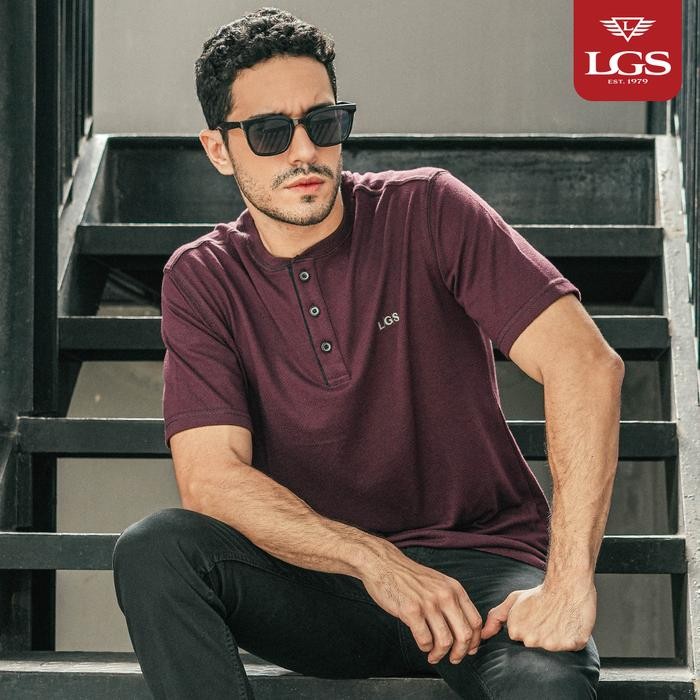 LGS - Kaos Pria - Lengan Pendek - Kancing Dada - Motif Polos - Kerah Henley - Katun Premium -