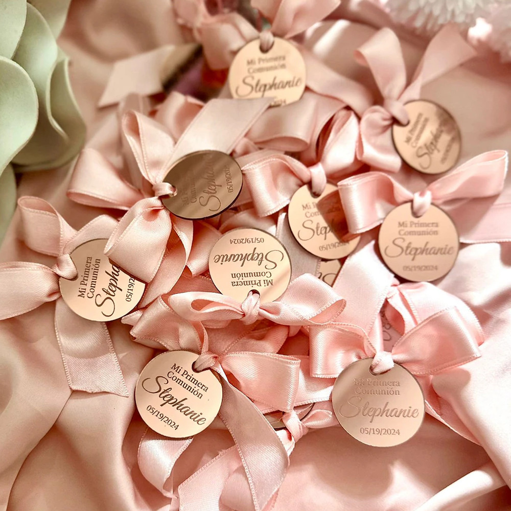 Personalized Rose Gold Tag Baby Baptism Day Gift Tags,Custom Round Baby Shower Name Tag Mirror Thank