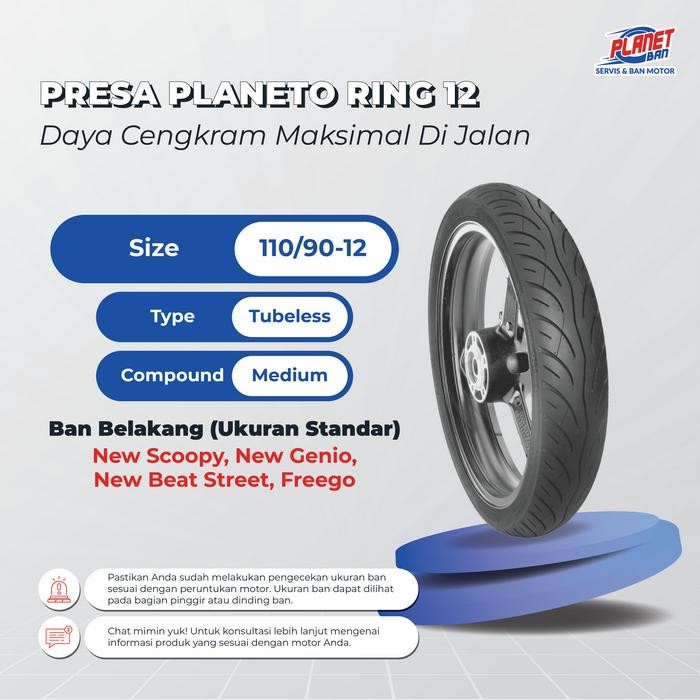 Ban Motor Ring 12 - 110/90 Presa Planeto (Ban Motor Belakang New Scoopy, New Genio, New Beat Street,