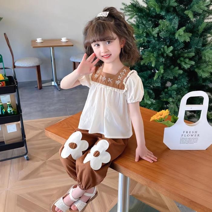 Angenius Setelan Baju Atasan Kemeja Kaos Lengan Pendek Anak Perempuan Katun Polos U-Neck Celana 7/8