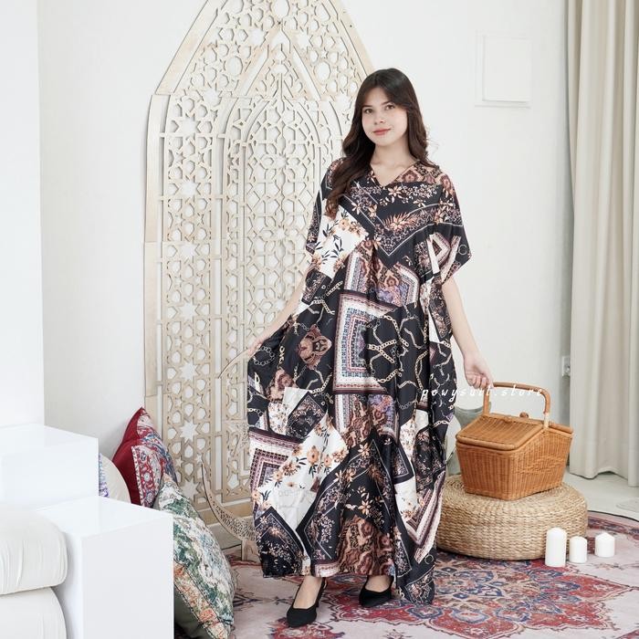 Kaftan Powysuit Lebaran Muslim wanita Motif Satin Silk Dress Jumbo 2025