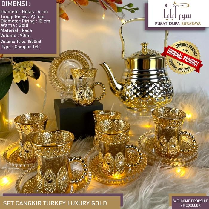 set with teko gelas teh sahi gahwa cangkir arab saudi turkey set isi 12 pcs 6 saucer 6 glass