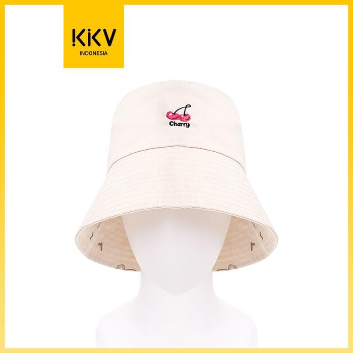 OHSOME Dylee&Lylee Topi Bucket Putih dengan Motif Ceri Wajah Tersenyum Terbalik Gaya Korea yang