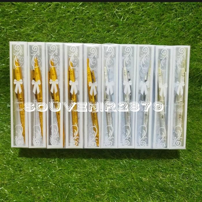 

( 50 Pics ) Souvenir Pulpen Emas / Silver Kemasan Mika Motif Free Kartu Ucapan Terima Kasih