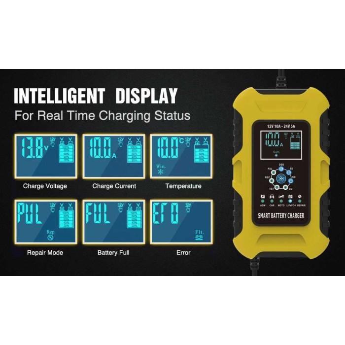 Charger Aki Portable 12V/24A 10A 6-180Ah Mobil Motor Lcd Foxsur