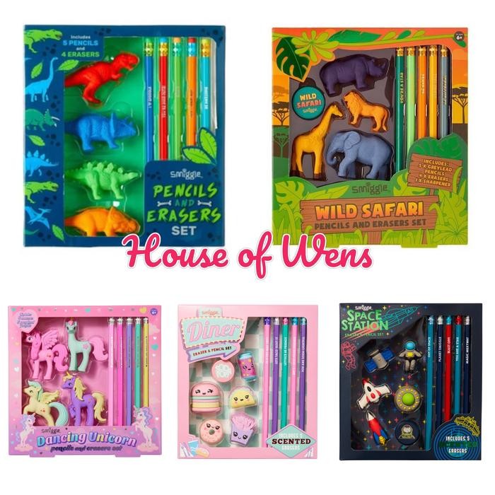 

Smiggle Safari Unicorn Pencils And Erasers Box Set - Paket Alat Tulis