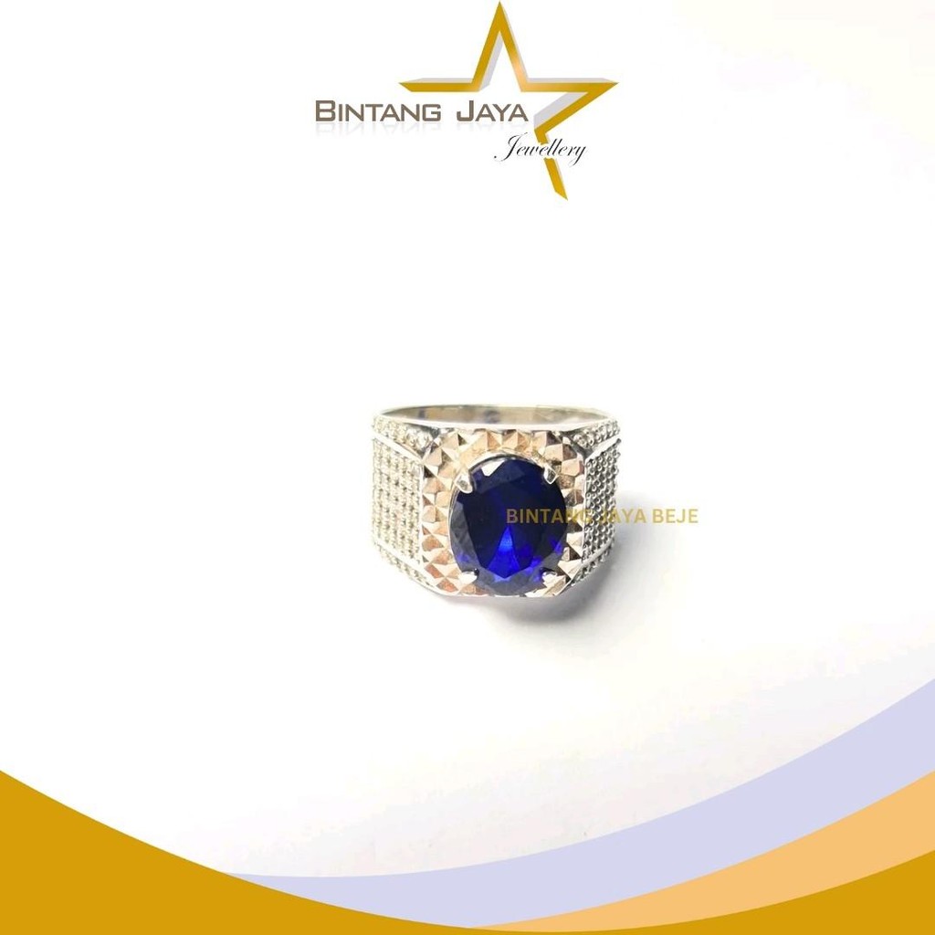 Cincin Cowok Emas Batu Biru Full Mata - Kadar (17K) Berat 9,93gr Size 18 - Batu Berkilau Elegan - Ta