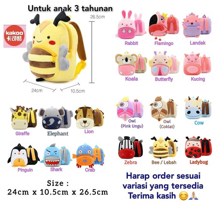 Tas Ransel Karakter Anak Hewan Plush Backpack Kakoo