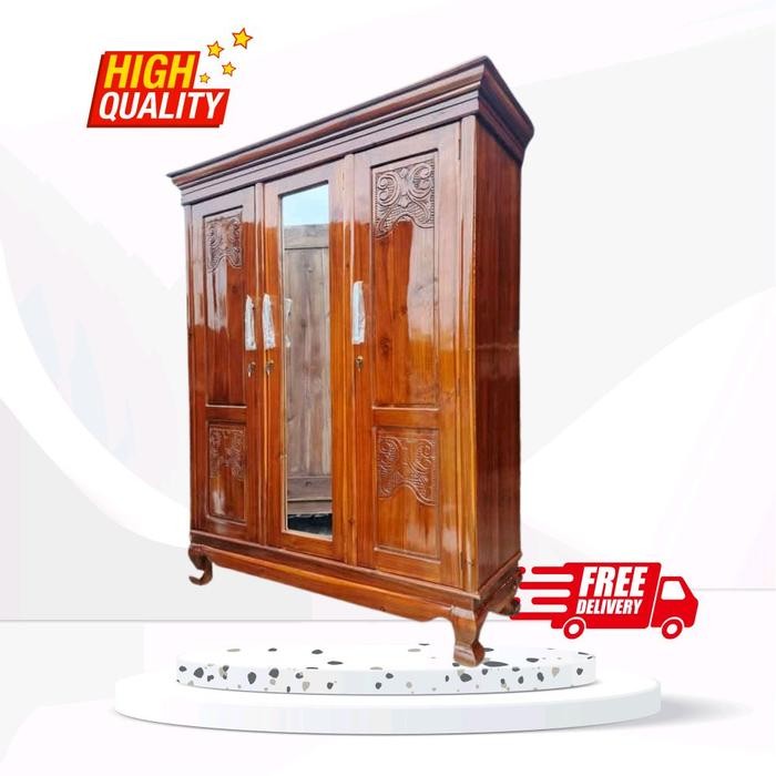 Lemari Pakaian/ Baju Kayu Jati 3 Pintu Free Ongkir Jakarta Bekasi Kaca Furniture Laci