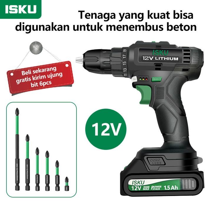 Isku Mesin Bor Lithium Mulitifungsi 12V 1500Mah Battery/Lithium