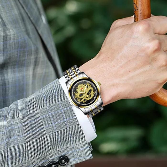 Sunlifex Jam Tangan Pria Naga Emas Stainless Steel Dragon Gold Quartz