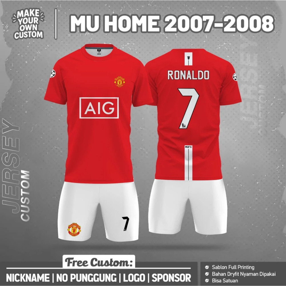 Jersey Manchester United Sepak Bola Home 2007-2008 Original Desain Size Anak Dewasa Custom Nama dan 