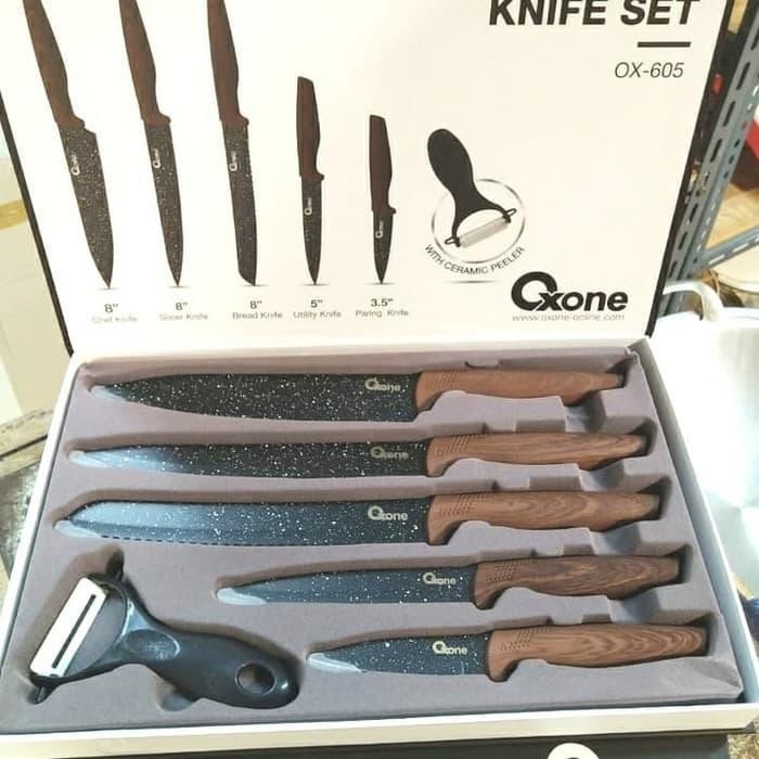 Oxone Pisau Set + Peeler 6Pcs Ox605 Black Marble Knife Ox-605 Ox 605