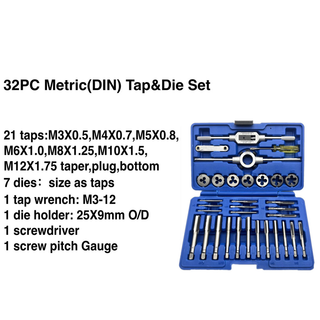 32PCS HSS Tap and Die Set Metric Wrench Cut M3-M12 Hand Threading Tool Tungsten Carbide Tap Die