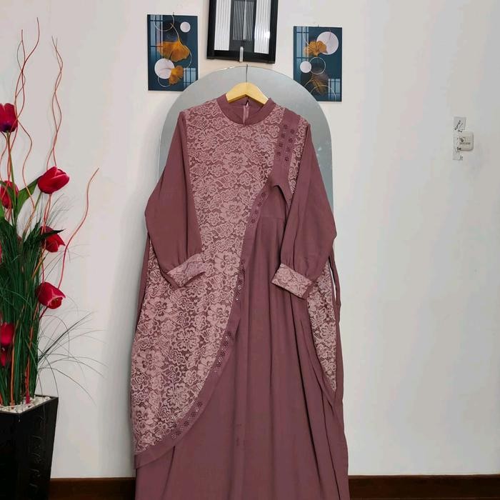 6H27 Shaukia Dress Pesta/Gamis Kondangan Bahan Crinkle Mix Brukat Tile#3 Ukuran #Pj 138