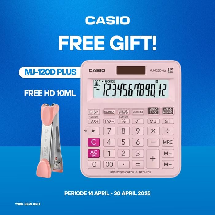 

CASIO MJ-120DPLUS - PINK - KALKULATOR DAGANG - 12DIGIT - FREE STAPLERS CALCULATOR