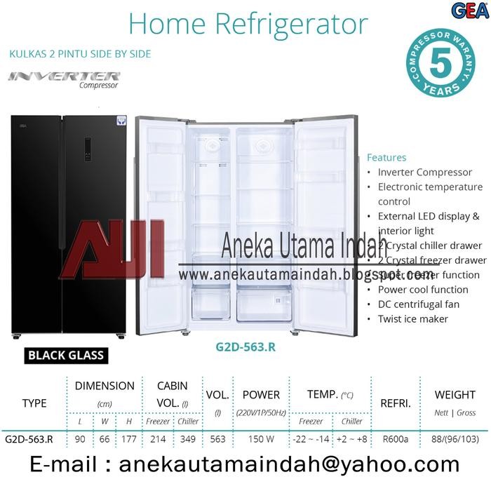 Gea Kulkas Side By Side 563 L G2D-563 / G2D563 / G2D 563 - Black