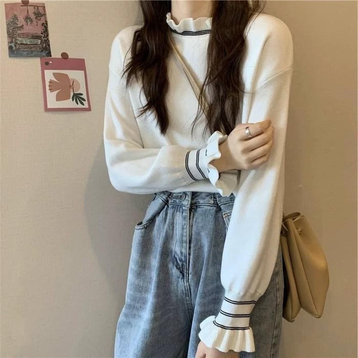 (Allthebest) Atasan wanita rajut list putih lengan balon polos santai TF044