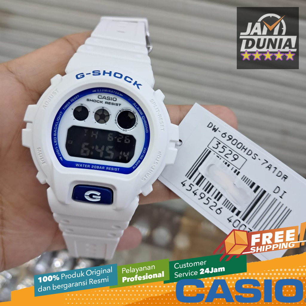 JAM TANGAN PRIA CASIO DIGITAL ORIGINAL RUBBER WHITE HIDDEN SHINE WHITE BLUE G-SHOCK DW-6900HDS-7A1DR