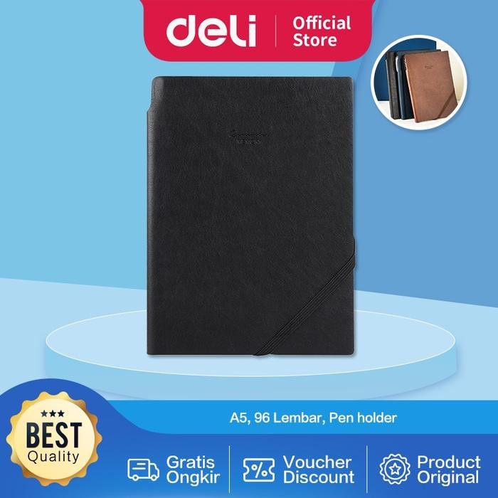 

Deli Leather Cover Notebook / Buku Catatan / Agenda Sampul Kulit A5 96 Lembar Pen Holder Rubber Band