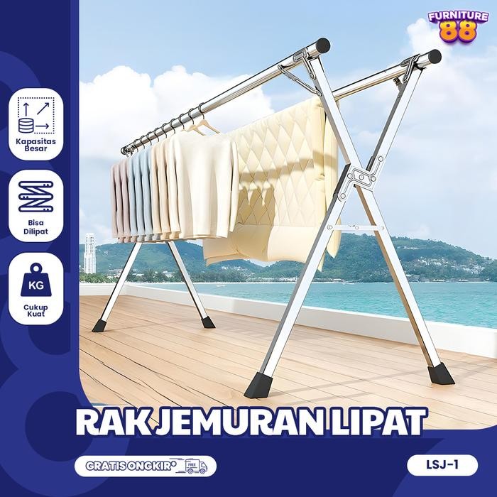 (Srd) - Furnitur88 Jemuran Baju / Pakaian Lipat Portable Campuran Besi & Alumunium Tahan Karat Dapat