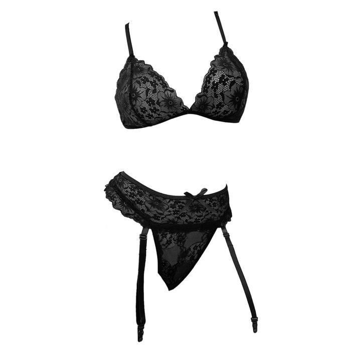 NEW B378 Set Pakaian Dalam Wanita BH Bra Bralette CD Panties Garter Belt Hitam Lace Transparan
