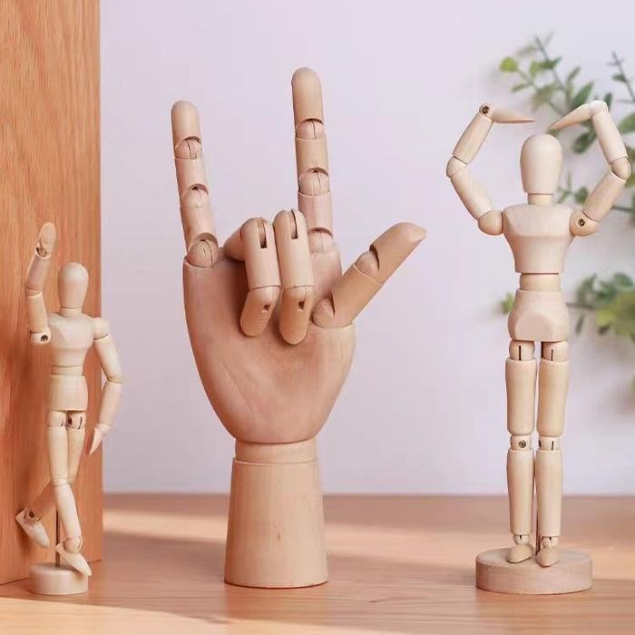 (Allthebest) Manekin Kayu Manekin Tangan Pajangan Action Figure Hiasan Meja Patung Manekin Sketsa