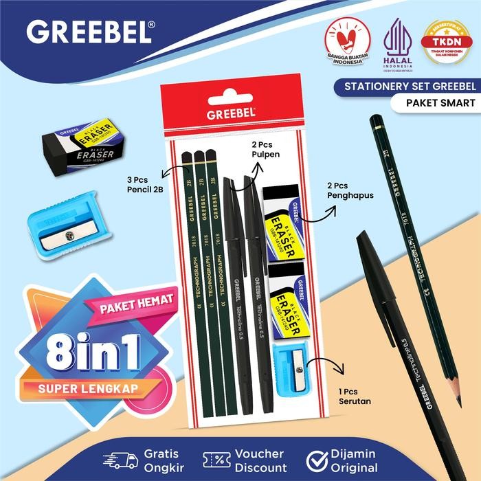 

(Imk) - Greebel [8 In 1] Paket Smart Pulpen/Ballpoint+ Sharpener+Eraser + Pencil Stationery Rautan