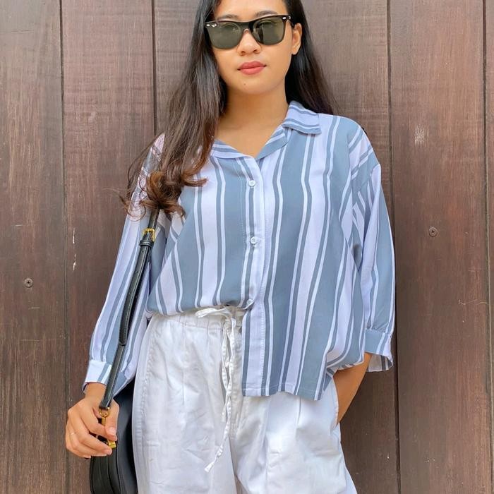 Kemeja Jumbo Batwing / Kemeja Jumbo Salur / Kemeja Garis Jumbo Rayon Wanita Baju baju wanita Atasan