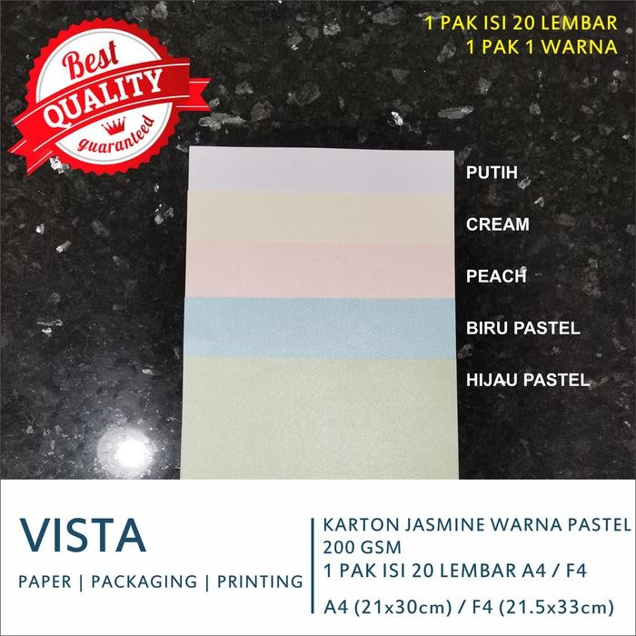 

Kertas karton Jasmine Warna Putih & Pastel, A4 / F4, 1 PAK isi 20 lbr