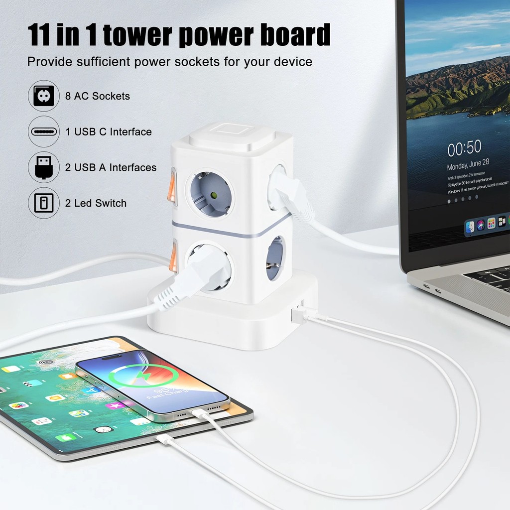 AURIEVA NINNE Stop Kontak Power Socket Strip Tower Colokan Listrik 2500W - NN812